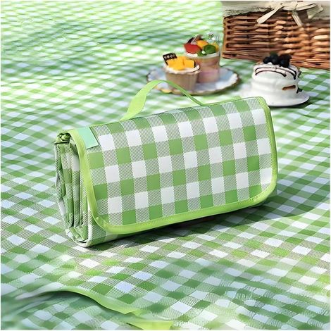 Tapis de pique-nique à quadrillage vert et blanc - imperméable, résistant à l'humidité, universel et portable, pour 2 à 4 personnes.