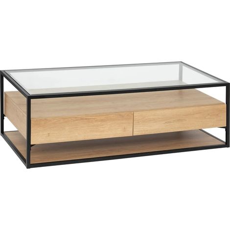 Table basse, table de salon avec 2 tiroirs en bois coloris naturel et verre trempé - Longueur 120 x Profondeur 60 x Hauteur 40 cm (1/5)
