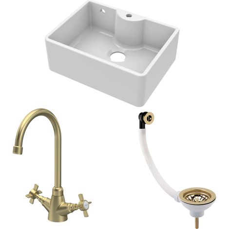 Fireclay Kitchen Bundle - 595mm Single Bowl Butler Sink + Overflow & Tap Hole, Waste & Mono Mixer Tap, Brushed Brass by Balterley (1/4)