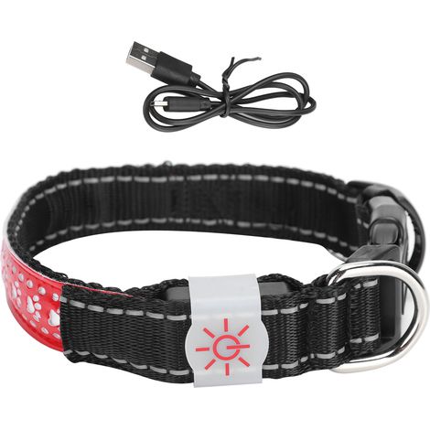 Collier LED réglable pour animaux de compagnie, rechargeable par USB, en cuir souple, avec éclairage de sécurité nocturne, taille S. Collier de sécurité nocturne pour chien. Rouge. (1/5)