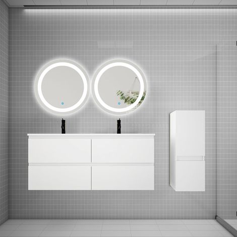Ensemble meuble double vasque L.120cm 4 tiroirs + lavabo + 2 LED miroirs rond 60cm + colonne,blanc easy (1/5)