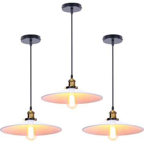 Rétro Lustre Suspension Industrielle 36cm Plaofnnier Fer Abat-jour en Métal Blanc 3PCS (1/5)