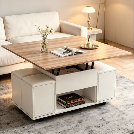 Tavolino da caffè multifunzione sollevabile 100 x 100 x 63,5 cm, bianco e legno HAVRYA (1/5)