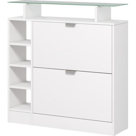 Schuhschrank mit 2 Klappschubladen für 12 Paar Schuhe, Glasplatte, verstellbare Einlegeböden, 89 x 25 x 92 cm, weiß