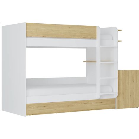Letto a castello con cassetto letto a scomparsa e 2 scrivanie 3 x 90 x 190 cm Bianco e Naturale - DOMATI (1/5)