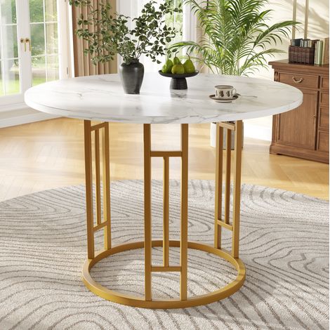 Mesa de comedor redonda MDF efecto mármol dorado 80x80x76 cm con patas metálicas ajustables (1/5)