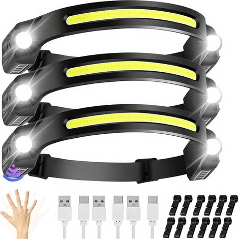 Lampe Frontale LED Ultra Puissante,3PCS Lampe Frontale Rechargeable 6 Mods Légère et Ultra-Lumineuse avec Capteur de Mouvement et étanche,Cadeau pour Adultes et Enfants Randonnée et Pied