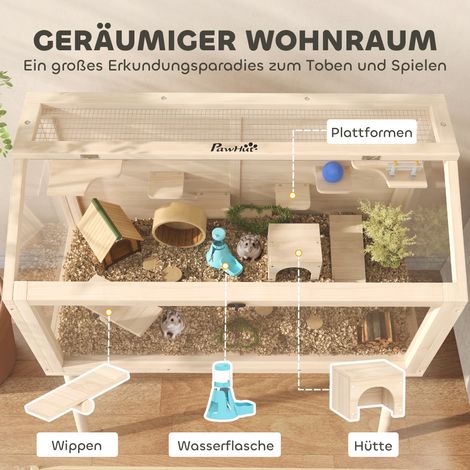 Cage à hamster, enclos pour hamster nain, clapier pour petits animaux avec accessoires, bouteille d'eau, 110 x 52 x 101 cm, bois, plastique (1/5)