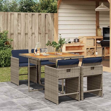 Ensemble repas de jardin 5 pièces en résine tressée grise, table en acacia et coussins bleu marine - PANGIVO (1/5)