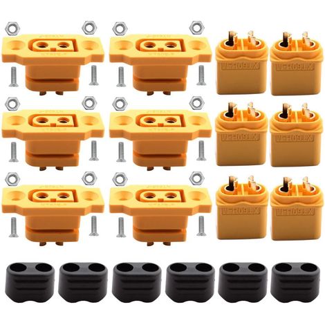 Pack of 6 Pairs of XT60BE-F Flush-Mount Connectors + XT60H Plug with Rubber Cap and Screws for XT-60 LiPo Batteries - Gold-Plated Connectors - Dust and Water Resistant