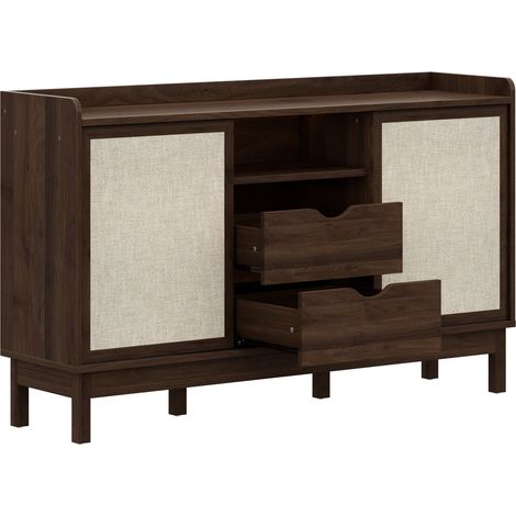 ELVMI Sideboard mit Schiebetüren, 2 Schubladen und Verstellbaren Einlegeböden, Natur, 150 x 39.5 x 80 cm (1/5)