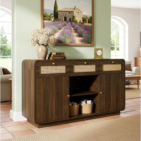 Aparador 120x40x85 cm con 3 cajones, 2 armarios, estante abierto, estantes ajustables en altura, manijas doradas, en ratán y MDF, nogal (1/5)