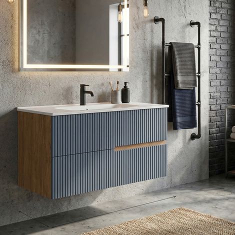 Meuble simple vasque L.100cm à suspendre Chêne naturel 2 tiroirs Bleu Mer cannelé EVA - sans colonne (1/5)