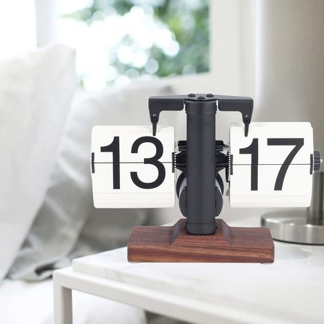 Reloj plegable minimalista de estilo retro con esfera negra y laterales blancos – caja de madera de nogal negro y esfera blanca – movimiento automático de 24 horas – tamaño ideal para mesa de centro ( (1/5)