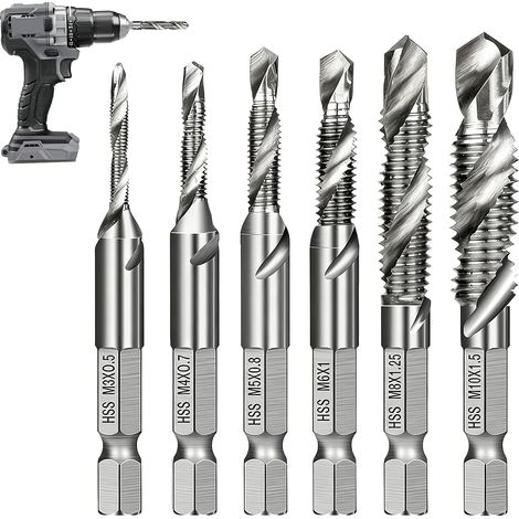6Pcs Forets Taraudeurs Combinés M3 M4 M5 M6 M8 M10, Tige Hexagonale 6 mm, Revêtement Antirouille, Outil 2-en-1 pour Perçage et Taraudage Simultané, Kit Taraudage Machine pour Métal, Bois, Plastique (1/5)