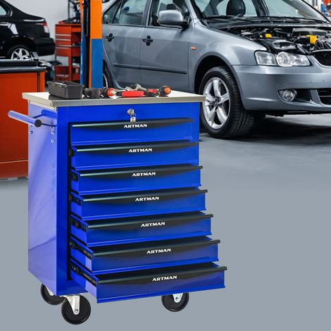 Carro de taller móvil con 7 cajones y ruedas, 56,5 x 34,5 x 78 cm, acero azul y negro (1/5)