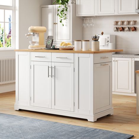 Desserte de cuisine 138x86x92 cm avec plateau rabattable, prises USB, roulettes et rangement poubelle, MDF blanc/naturel (1/5)