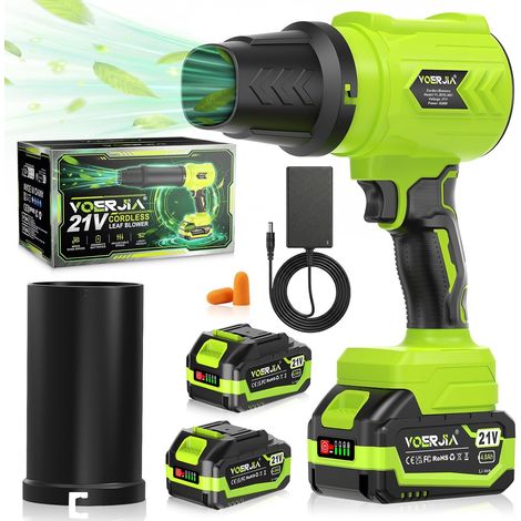 Souffleur à feuilles sans fil 21 V avec 2 batteries de 4000 mAh et chargeur, souffleur léger et nettoyeur de poussière, réglage en continu sur 3 niveaux, double buse pour jardin, terrasse (1/5)