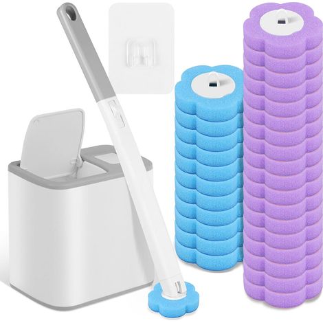 Brosse de toilette jetable, brosse WC jetable avec 30 recharges nettoyantes, éponge, têtes de rechange pour tige de toilette, avec support pour lavabo, baignoire (gris) (1/5)