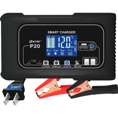 Chargeur de batterie de voiture, Système de charge intelligent, Caractéristiques de protection de sécurité, Chargeur 20A, PRISE UE (1/2)