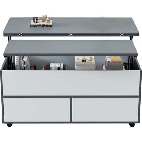 Table basse relevable multifonction 100 x 98 x 65 cm, rangement intégré, roulettes freinées, plateau gris et blanc, idéale salon moderne  CHICFURN (1/5)