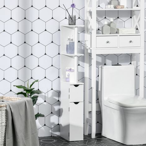 Mueble de baño que ahorra espacio con 2 estantes y 2 armarios, columna de madera para baño o sala de estar, 15,2 x 29,8 x 118 cm, blanco
