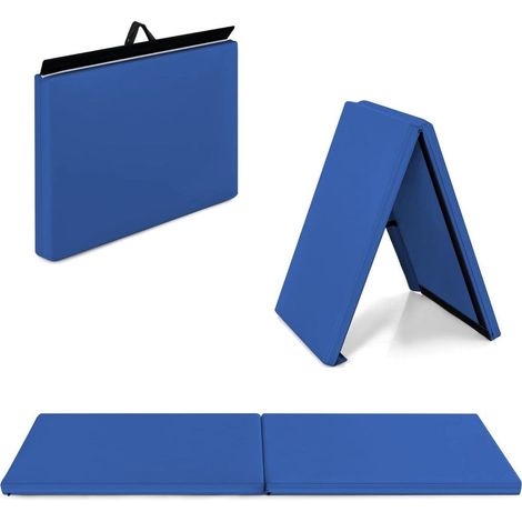 Pour yoga, danse et fitness, tapis d'exercice pliable facile à transporter avec poignées et housse zippée bleue (1/2)