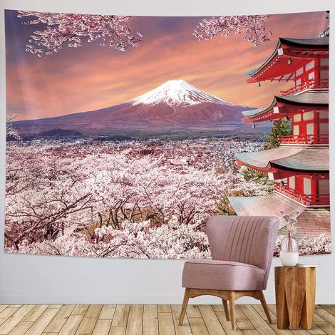 Tapisserie murale représentant le mont Fuji en arrière-plan, une pagode japonaise et des fleurs de cerisier, idéale pour une décoration de fête (78,7 x 59,1 pouces). (1/3)