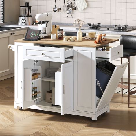 Carrello da cucina - Isola cucina mobile 131,8×40-70×93,3 cm, piano di lavoro estensibile 120×40-70 cm, MDF, ruote bloccabili, bianco