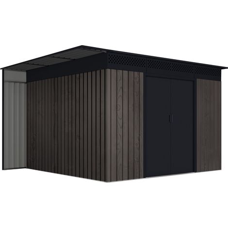 Gartenhaus 8,96m² Robin – Holzoptik - Seitlicher Holzunterstand - Schiebetüren (1/5)