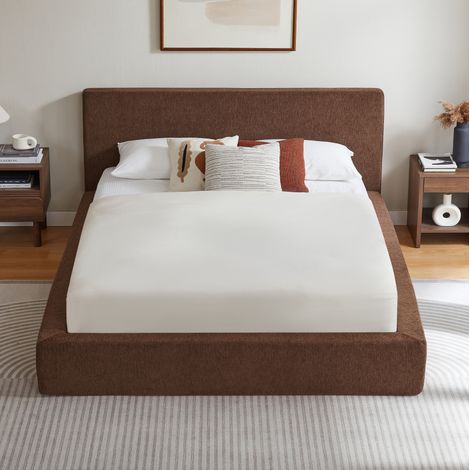 Cama doble 160x200 cm de tela marrón, estructura de acero reforzado, sin colchón - MEUBLIV (1/5)