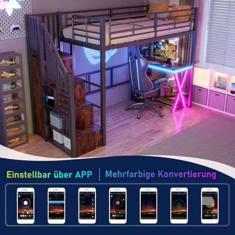 Lit mezzanine 90x200cm avec éclairage LED, échelle à tiroirs, bureau intégré, placard, étagères, sans matelas, Noir