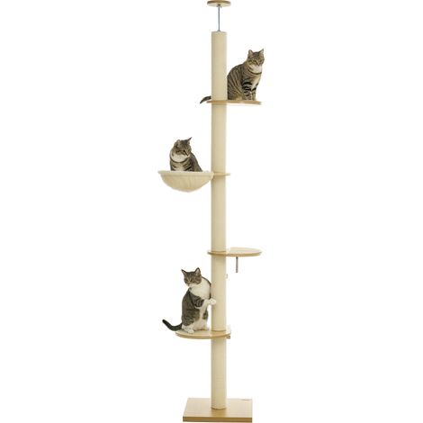 Deckenhoher Kratzbaum, Anti-Kipp-Sicherung, Sisal-Seilpfosten, Holzwerkstoff, Eiche+Cremeweiß