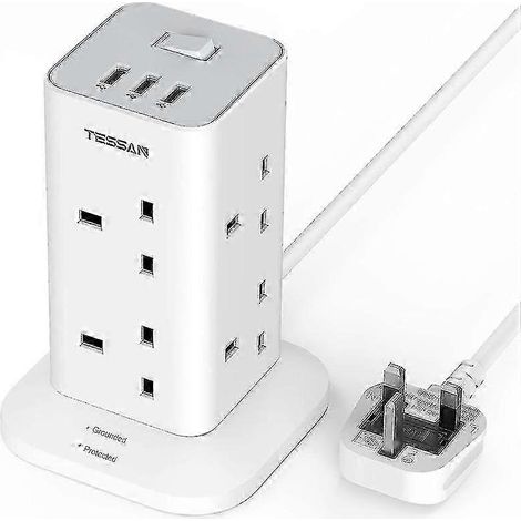 Multiprise tour multifonctionnelle à 8 prises avec interface USB, disponible en longueurs de 2 m/3 m/10 m, protégée contre les surtensions, multiprise de haute qualité de 2 m. (1/5)
