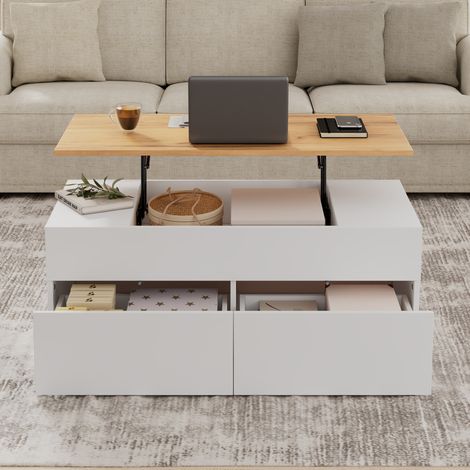 Table basse relevable 100x50x40 cm blanche en panneau de particules avec 2 tiroirs et rangement intégré (1/5)