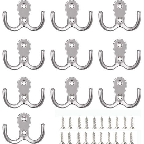 Crochets doubles robustes pour de multiples usages, crochets pratiques avec finition argent mat, conception compacte pour une fixation murale. (1/5)