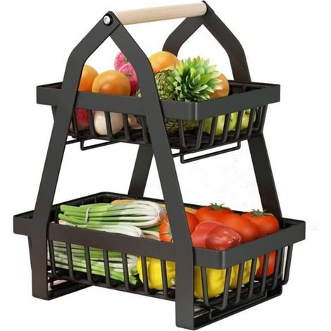Rechteckiger, schwarzer Metall-Obstkorb mit zwei Etagen, herausnehmbarer Korb für Küche und Gemüse – modernes Design und platzsparend