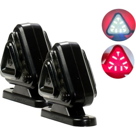 Lot de 2 feux de gabarit LED fumés, type « corne », 12V–24V, blanc-rouge, forme triangulaire - pour remorques, plateaux