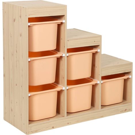 Children's storage unit staircase 6 storage bins natural wood decor and peach - Sora
