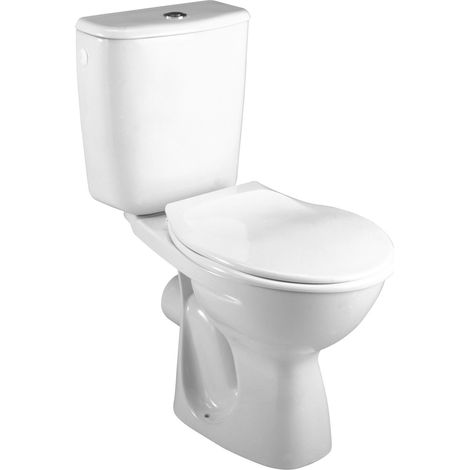 Pack WC à poser 3/6L sortie horizontale – Cuvette en porcelaine – Réservoir alimentation latérale – Abattant double thermoplastique