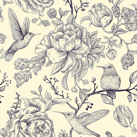 Papier Peint Adhésif Vintage Beige Pivoines Oiseaux Fleurs, Autocollant Mural Lavable pour Meuble, Salon, Cuisine, Chambre, 44.5cm x 300cm (1/4)