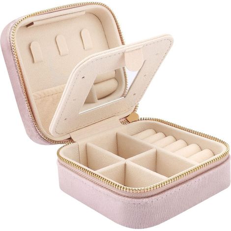Boîte À Bijoux En Velours Avec Miroir - Organisation Pour Anneaux Boucles D'oreilles Colliers Bracelets - Rose - 10 x 10 x 5 cm - 1 Pièce