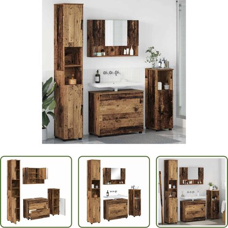 vidaXL Wandmontage -  Badezimmermöbel-Set mit Tür 4 pcs Altholz Sperrholz und Metall (1/5)