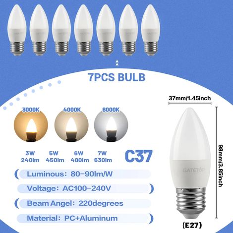 (7 ampoules, blanc chaud 3000K) Ampoules LED à économie d'énergie, 220V, culot E27, adaptées à l'éclairage de la chambre et du salon. (1/5)