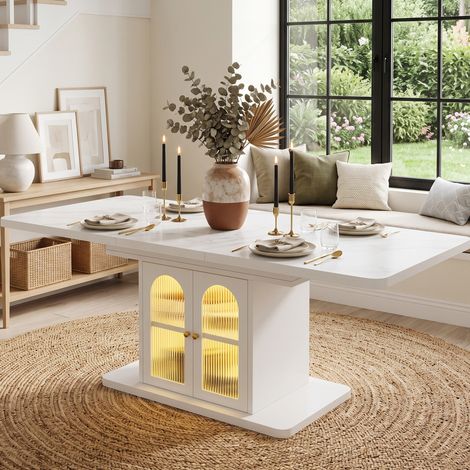 Table Ă manger extensible 150/200 x 80 cm pour 6-8 personnes avec rangement et LED, style scandinave, MDF blanc (1/5)