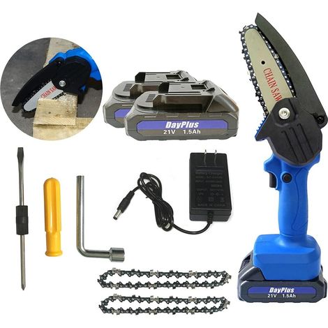Mini Chainsaw, 21V Cordless Electric Chainsaw, One-Handed Portable Battery Chainsaw with 21.5AH Batteries and 2 Chains, Suitable for Pruning Trees and Branches Wood Cutting (1/5)