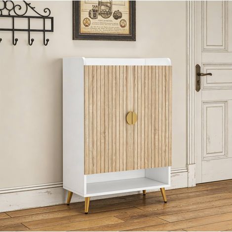 Scarpiera 7 ripiani bianca in legno e metallo con ante, ripiano inferiore aperto e finitura elegante (1/5)