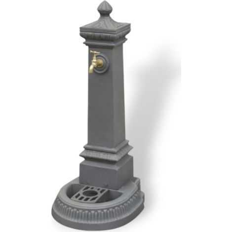 Fontana a colonna in ghisa decorata antracite con vasca troppo pieno e scarico non filettato Malin