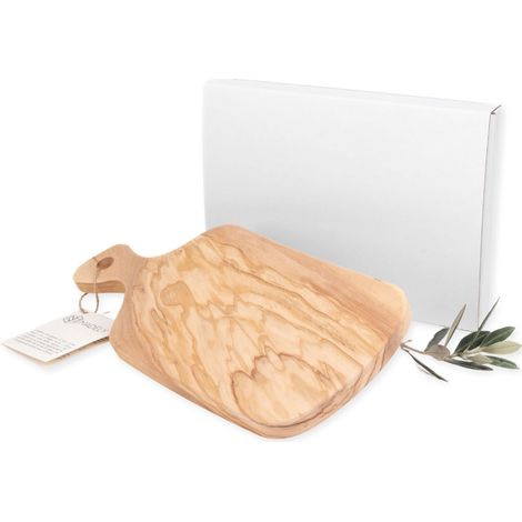 Lupia Tagliere in Legno di Ulivo irregolare con Manico Grande 13,5x29,5 cm, spessore 1,5 cm, Elegante e Versatile per Cucina, Aperitivi, Degustazioni e Bomboniere per Eventi Speciali, scatola Bianca (1/4)