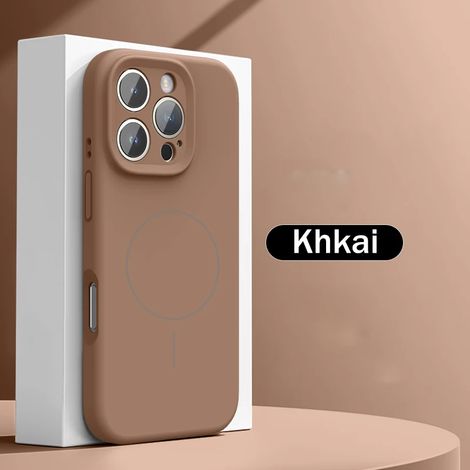 Coque en silicone liquide marron pour iPhone 16 Plus, compatible avec la recharge sans fil et la fixation magnétique. (1/5)